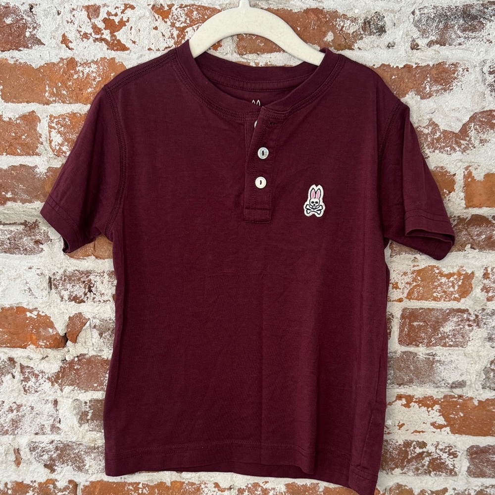 Psycho Bunny Boys Maroon Button T shirt 100% Pima cotton 5/6